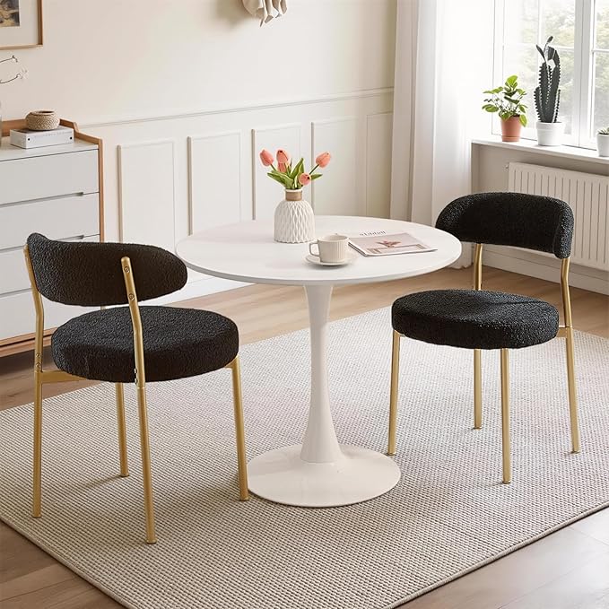 SoarFlash Kitchen Table and Chairs for 2, 31.5" Dining Table Set for 2 with Boucle Upholstered Chairs, 3 Piece Round Kitchen Table Set, Dining Room Table Set for Small Space, Apartment, Black/White