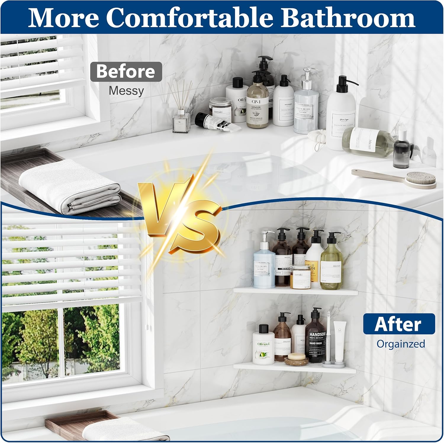 Corner Shower Shelves, 12” Recessed Tile Shower Shelf, 304 Stainless Steel Grout in Corner Tile Shower Shelves, No Drilling, Matte White, 2 Pack