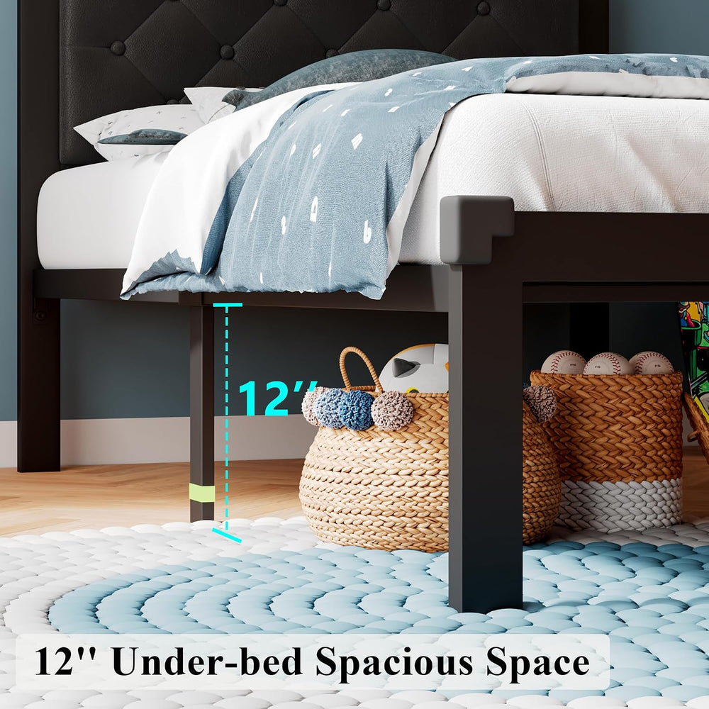iPormis Twin Size Metal Bed Frame, Faux Leather Platform Bed Frame with Butto...
