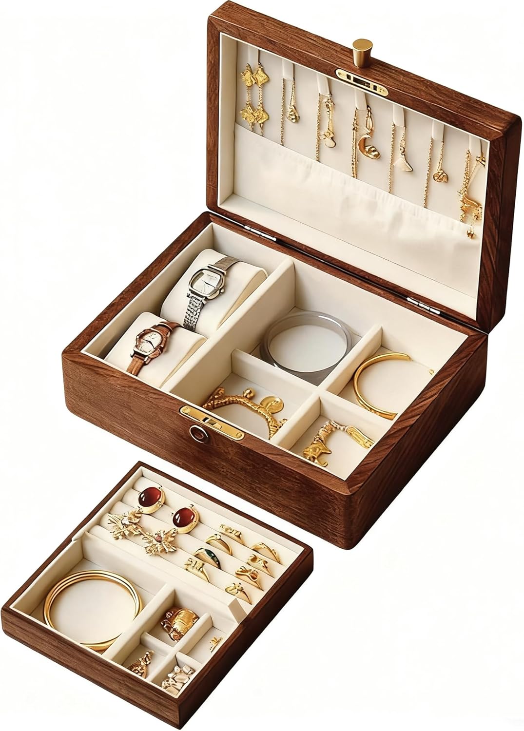 Bescott 2 Layer Solid Black Walnut Wooden Jewelry Box with Lock and Key for Women Wood Vintage Organizer for Men Earrings Rings Necklaces Bracelet Watch Storage Mother's Day Gift