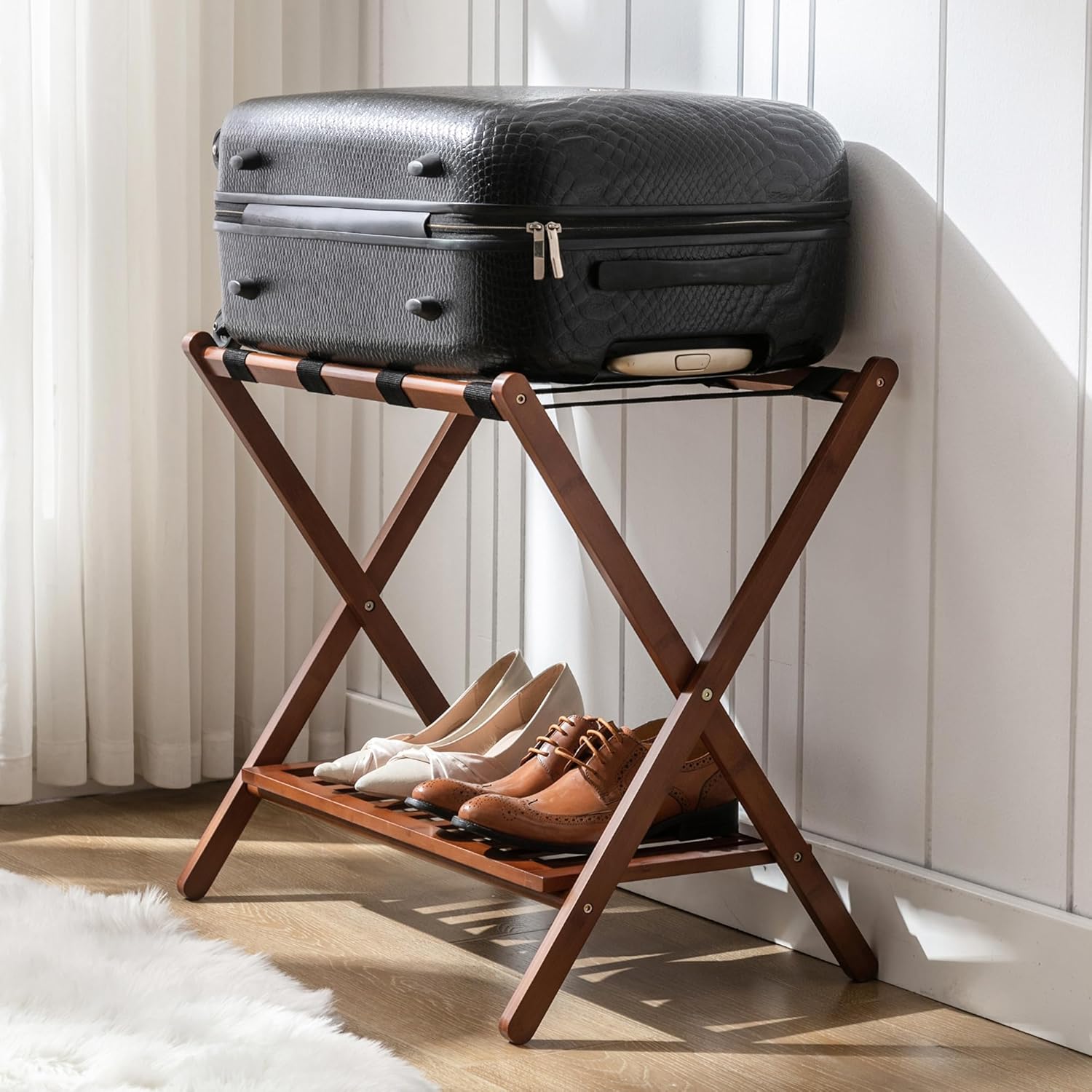 Luggage Racks Suitcase Stand Foldable With Storage Shelf For Guest Room Hotel Essentials Solid Bamboo Heavy-Duty Item Holder Chestnut Brown