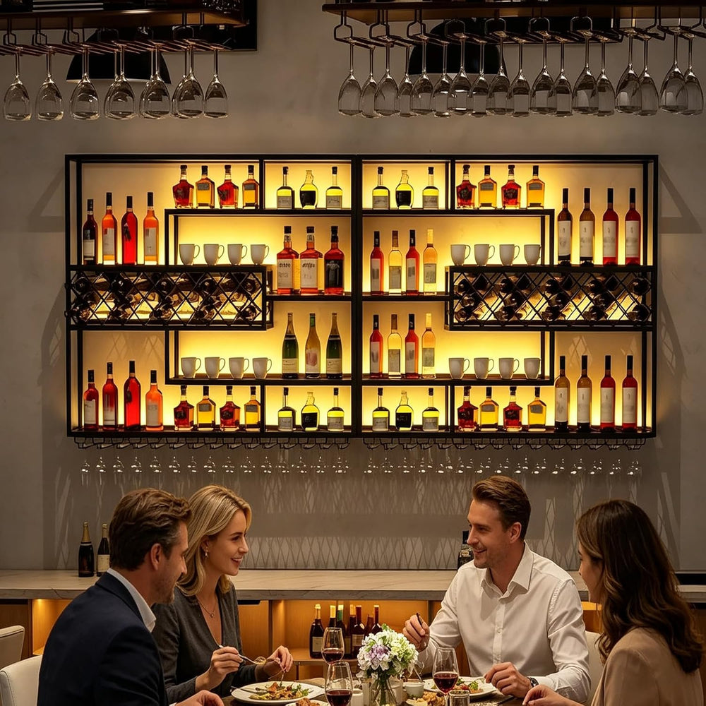 LED Wall Mounted Wine Rack with Glass Holder, Iron Bar Shelf | Warm LED Backl...
