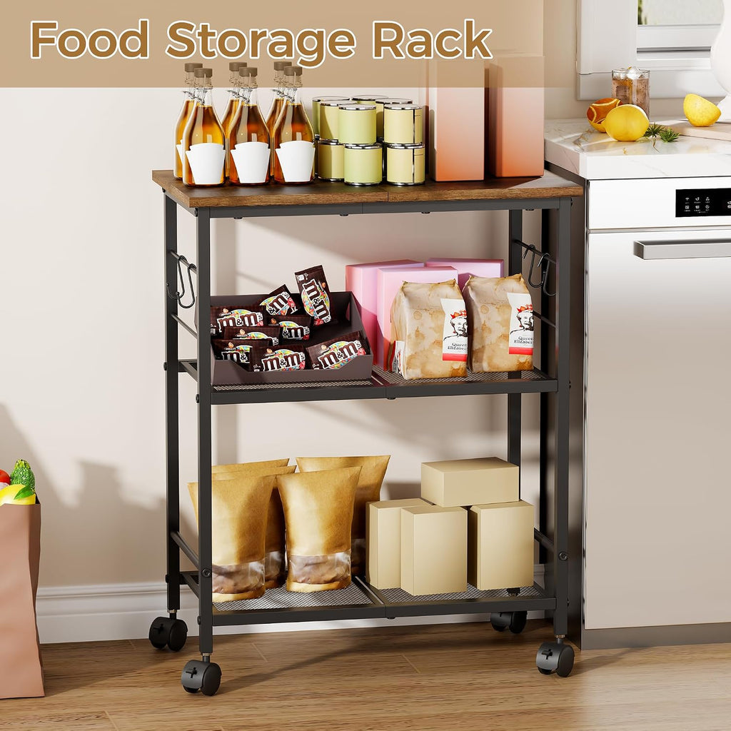 BEWISHOME 3-Tier Rolling Kitchen Microwave Cart, Small Microwave Stand | 4 Lockable Wheels, Hooks, Small Coffee Cart Shelf Rack Organizer for Kitchen, Living Room, Bathroom