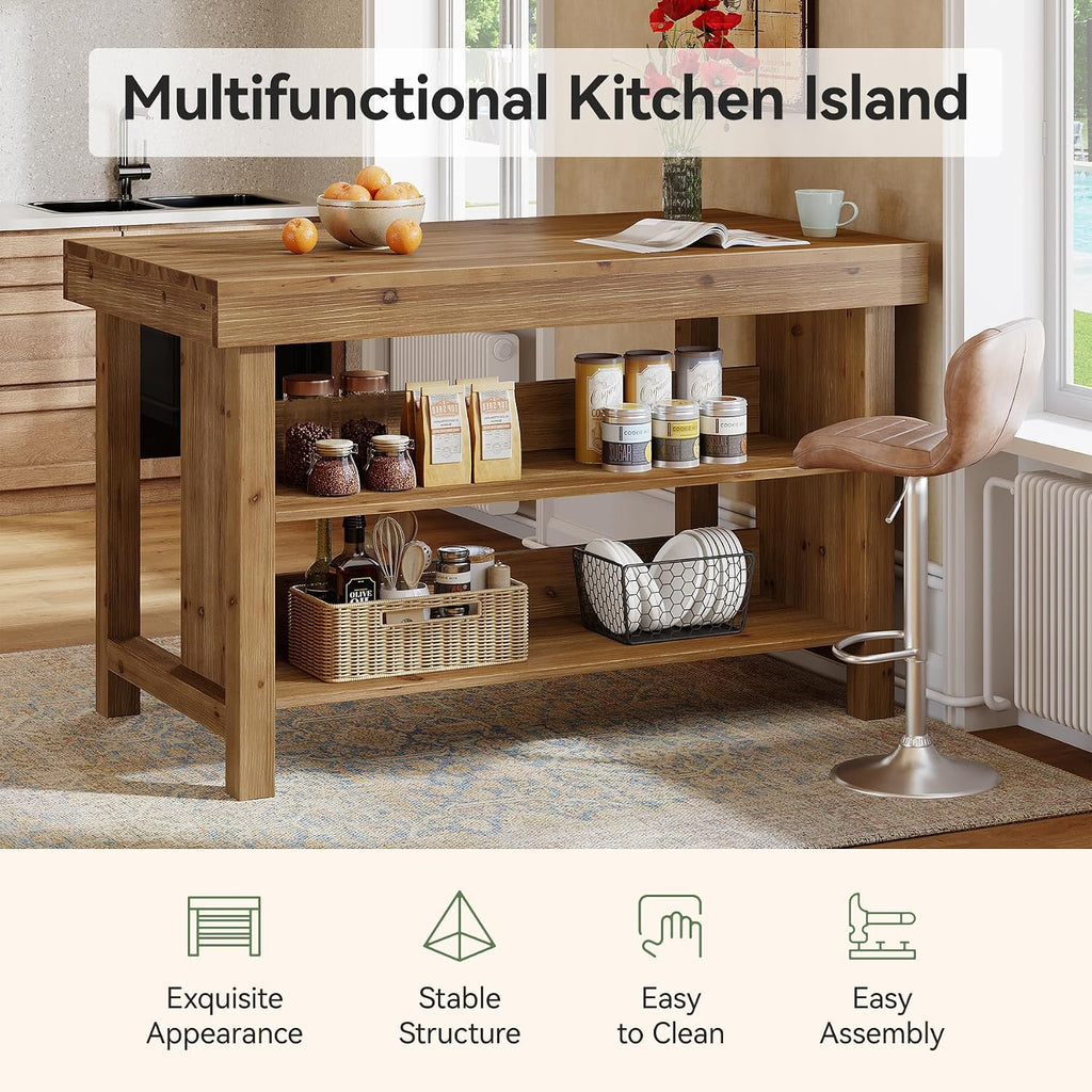 Kitchen Island with Storage, Solid Wood Kitchen Island Table | Solid Wood; 2-Tier Open Storage Shelves and Seating; Farmhouse; for Kitchen, Dining Room