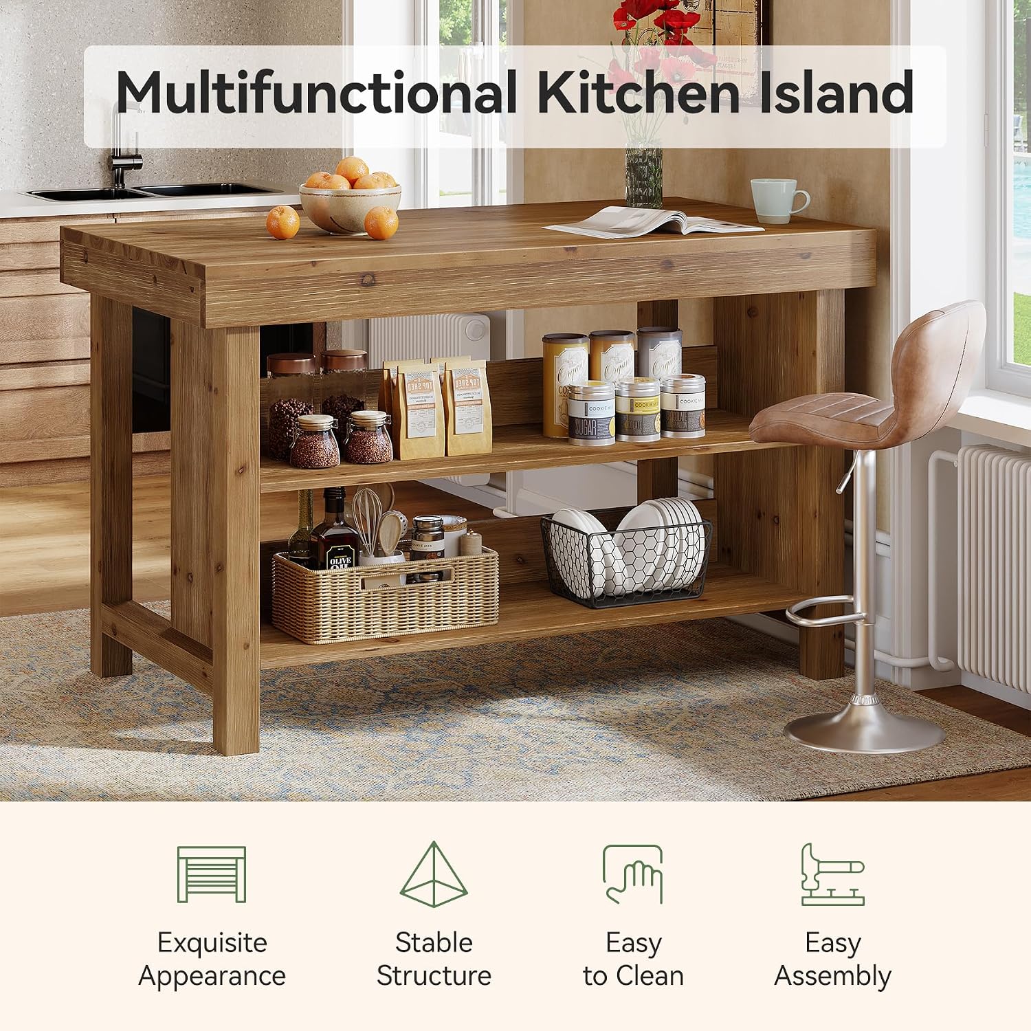 Kitchen Island with Storage, Solid Wood Kitchen Island Table | Solid Wood; 2-Tier Open Storage Shelves and Seating; Farmhouse; for Kitchen, Dining Room