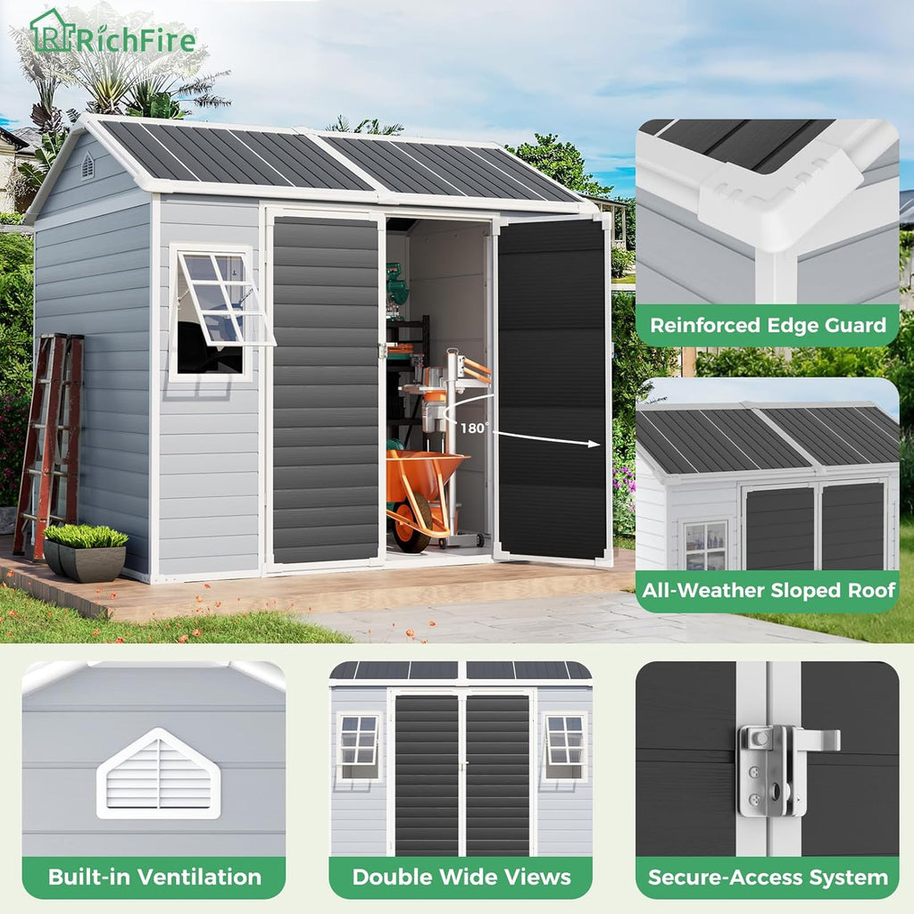 6x8 FT Plastic Storage Sheds Outdoor with Floor and Openable Window, Utility All-Weather Resin Shed Easy to Install, Large Sheds & Outdoor Storage/Tool Shed for Garden & Backyard, Gray