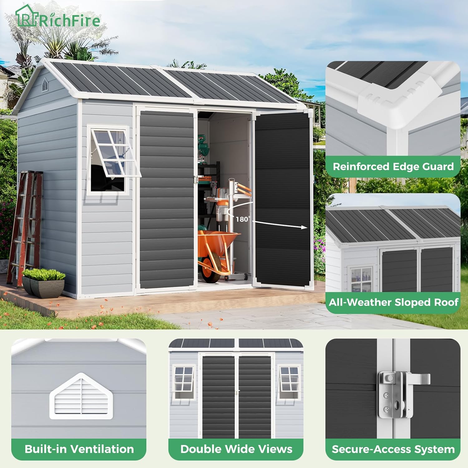 6x8 FT Plastic Storage Sheds Outdoor with Floor and Openable Window, Utility All-Weather Resin Shed Easy to Install, Large Sheds & Outdoor Storage/Tool Shed for Garden & Backyard, Gray