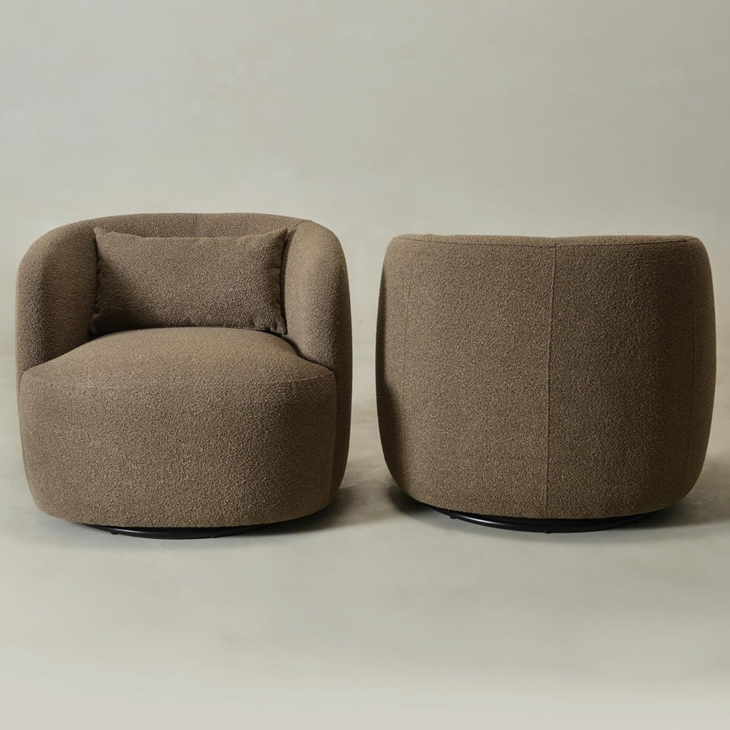 KINWELL 34" Wide Sherpa Swivel Barrel Chairs Set of 2, No Assembly Round Boucle Upholstered Accent Chairs Armchairs Single Sofa Chair with Toss Pillow for Living Room and Bedroom, Teddy Brown