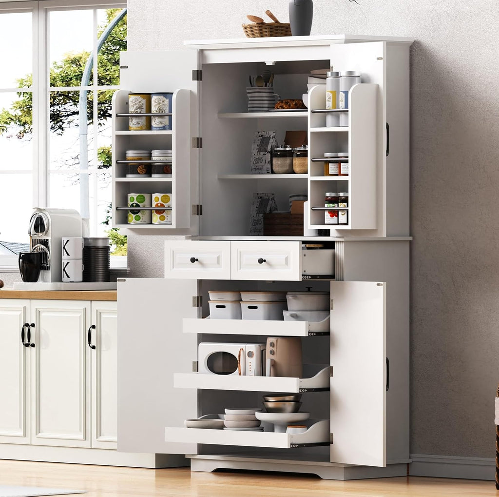 Kitchen Pantry with 3 Pull Out Cabinet Organizers, Farmhouse Freestanding Storage Cabinet with 6 Door Shelves and 2 Drawers for Kitchen, Dining Room (White)