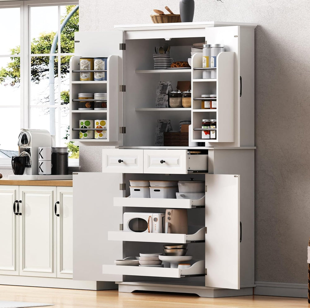 Kitchen Tall Pantry with 3 Pull Out Cabinet Organizers, Farmhouse Freestandin...
