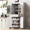Kitchen Tall Pantry with 3 Pull Out Cabinet Organizers, Farmhouse Freestanding Storage Cabinet with 6 Door Shelves and 2 Drawers for Kitchen, Dining Room (White)