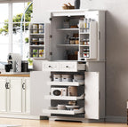Kitchen Tall Pantry with 3 Pull Out Cabinet Organizers, Farmhouse Freestanding Storage Cabinet with 6 Door Shelves and 2 Drawers for Kitchen, Dining Room (White)