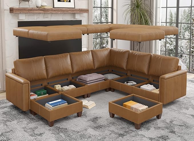 SITJOY 118" Faux Leather Modular Sectional Sofa with Storage, Mid Century Modern Sectional Couches for Living Room, 6 Seater V Shaped Couch with Chaise, Brown