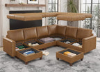 SITJOY 118" Faux Leather Modular Sectional Sofa with Storage, Mid Century Modern Sectional Couches for Living Room, 6 Seater V Shaped Couch with Chaise, Brown
