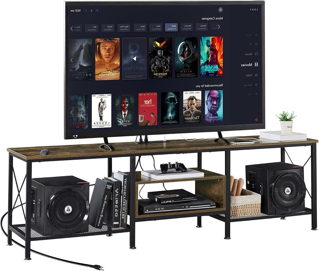 VECELO TV Stand with Power Outlets for 70 Inch Industria Media Entertainment Center with Charging Station, 3-Tier Open Shelves & Metal Frame for Living Room, Bedroom, 63 Inch, Brown