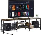 VECELO TV Stand with Power Outlets for 70 Inch Industria Media Entertainment Center with Charging Station, 3-Tier Open Shelves & Metal Frame for Living Room, Bedroom, 63 Inch, Brown