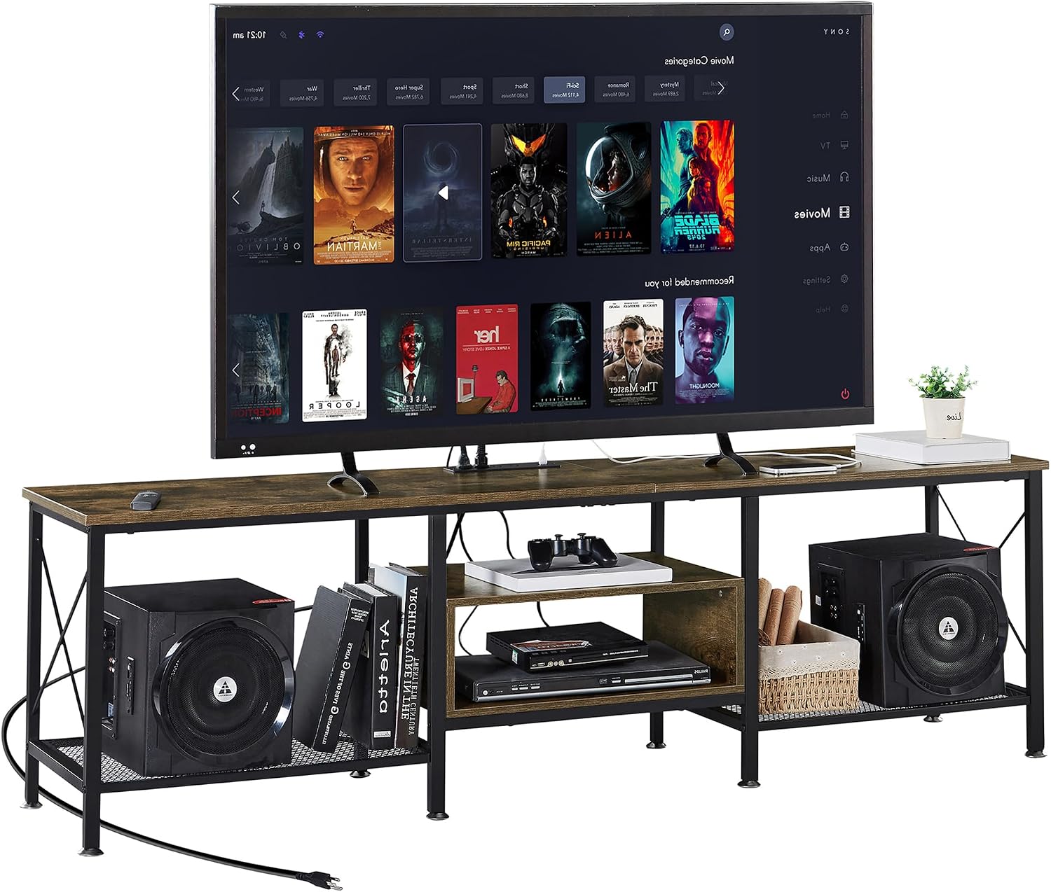 VECELO TV Stand with Power Outlets for 70 Inch Industria Media Entertainment Center with Charging Station, 3-Tier Open Shelves & Metal Frame for Living Room, Bedroom, 63 Inch, Brown