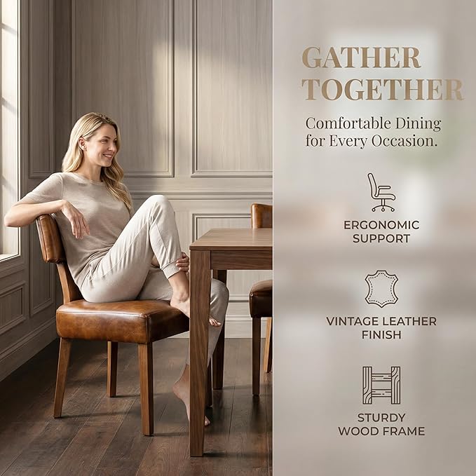 HNY Century Modern Dining Chairs Set of 6, Farmhouse PU Leather Upholstered Accent Chair Curved Backrest Kitchen Chairs, with Hardwood Frame, Brown 6PC