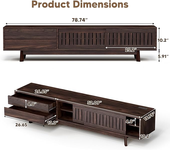 Mid Century Modern TV Stand for 85 Inch TVs, 78.7" Entertainment Center with Storage & Power Outlet, Media Console w/Drawers and Sliding Door, Television Stands for Living Room, Walnut
