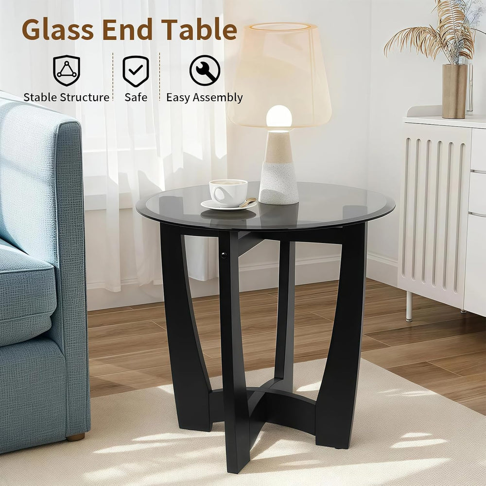 LKTART Glass End Table, 23.5" Round Side Tables with Black Tempered Glas...
