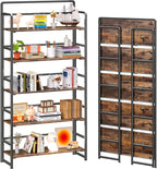4NM No Assembly Extra Wide 5 Tiers Folding Bookshelf Storage Shelves Vintage Bookcase Standing Racks Study Organizer Home Office (Rustic Brown Black)