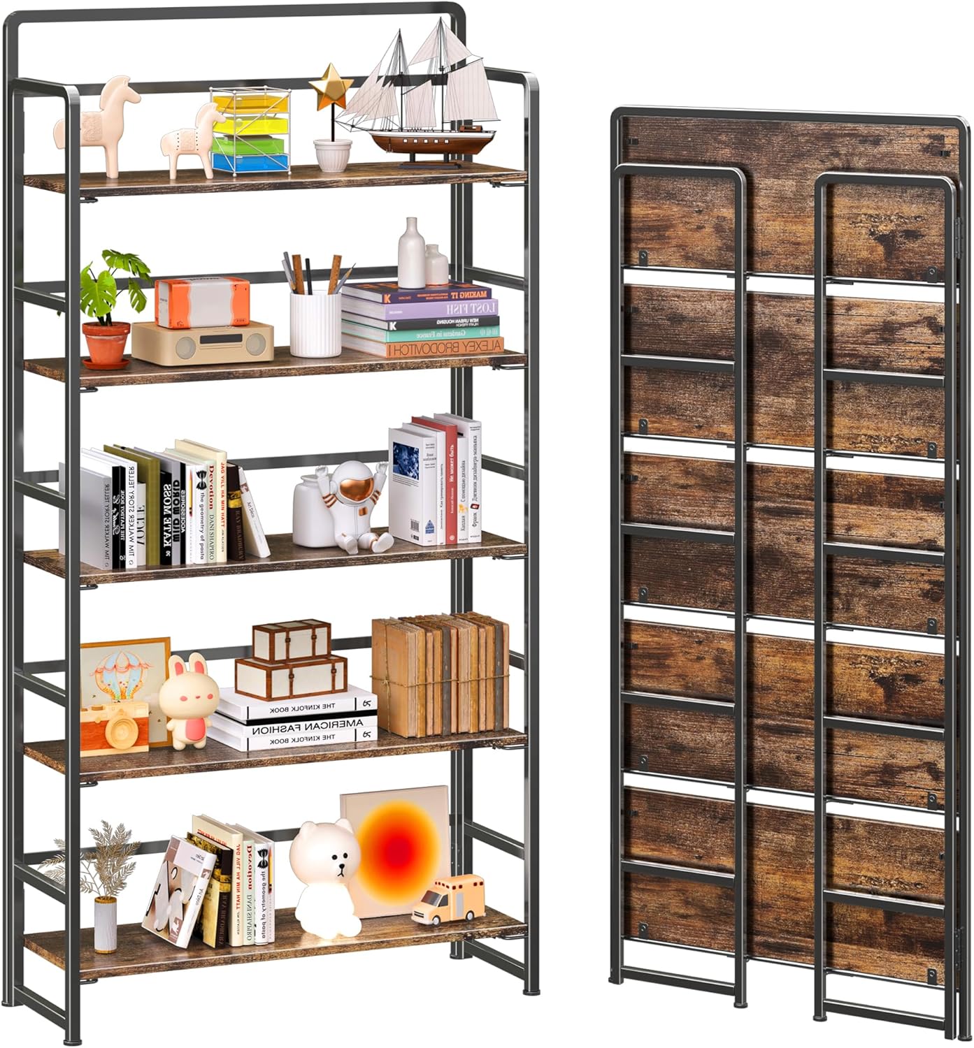4NM No Assembly Extra Wide 5 Tiers Folding Bookshelf Storage Shelves Vintage Bookcase Standing Racks Study Organizer Home Office (Rustic Brown Black)