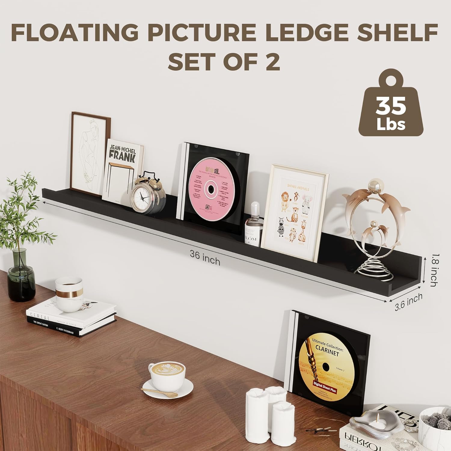Axeman Floating Shelves for Wall - Picture Ledge Shelf Set of 2-36 Inch Black Floating Shelves with Lip - Picture Shelf for Wall with Ledge - Photo Ledge Shelves for Pictures Nursery Books