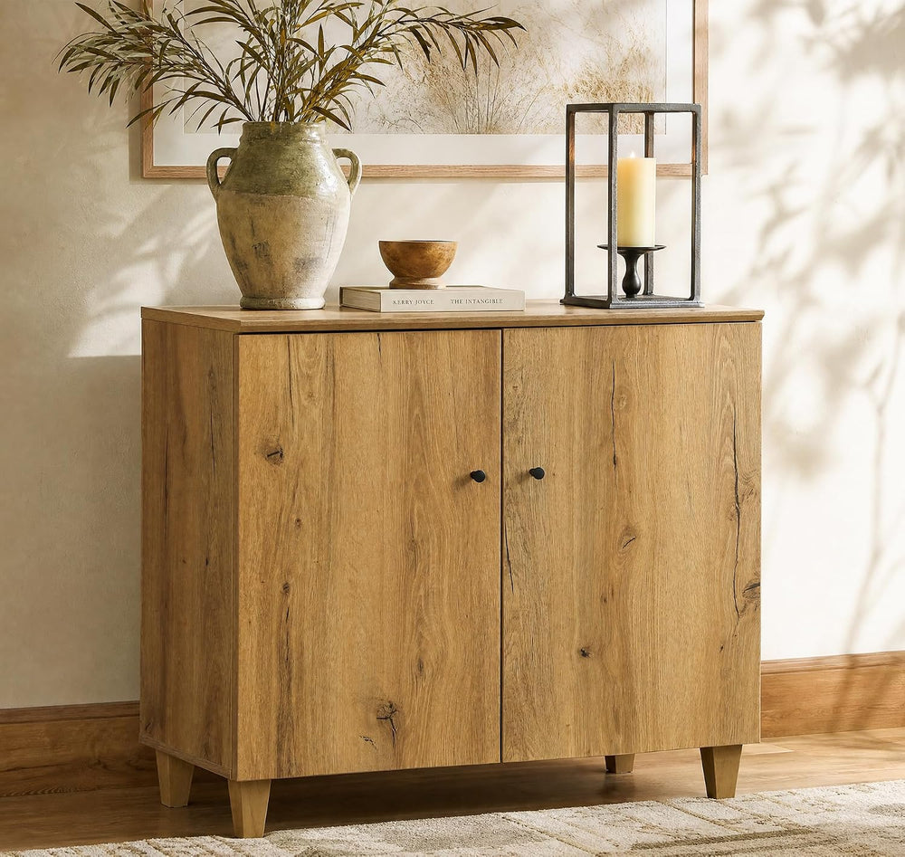 WAMPAT 35.4" Buffet Cabinet w/ 2 Doors, Credenza Storage Cabinet, Oak Brown