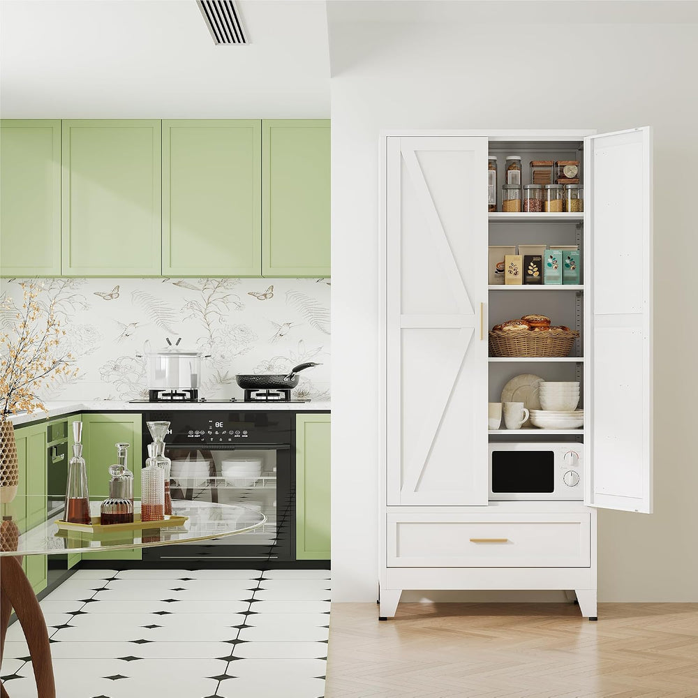 QINPTWUT 71" Storage Cabinet with Bottom Drawer, Pantry Cabinet in White...