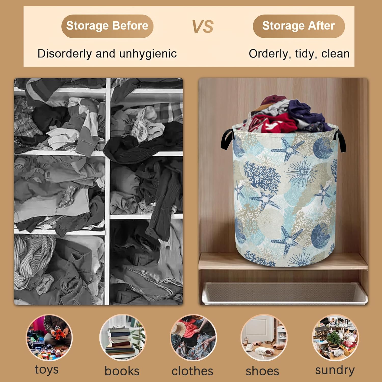 Large Laundry Basket,Corals Seashells Collapsible Laundry Baskets,Cute Algae Waterproof Oxford Hamper with Handles for Bathroom Bedroom Nursery Home Storage 16"x20"