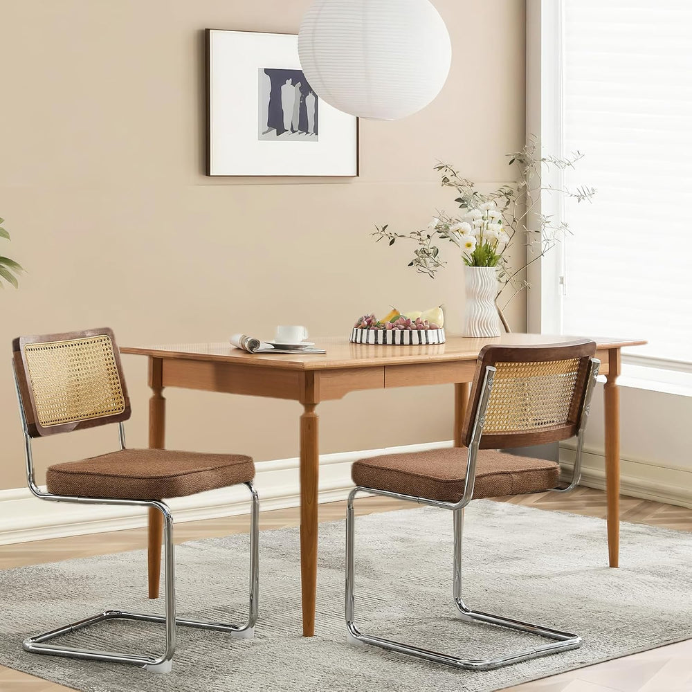 Rattan Back Linen Dining Chair Set of 4 Modern Breuer Designed Stainless Chro...