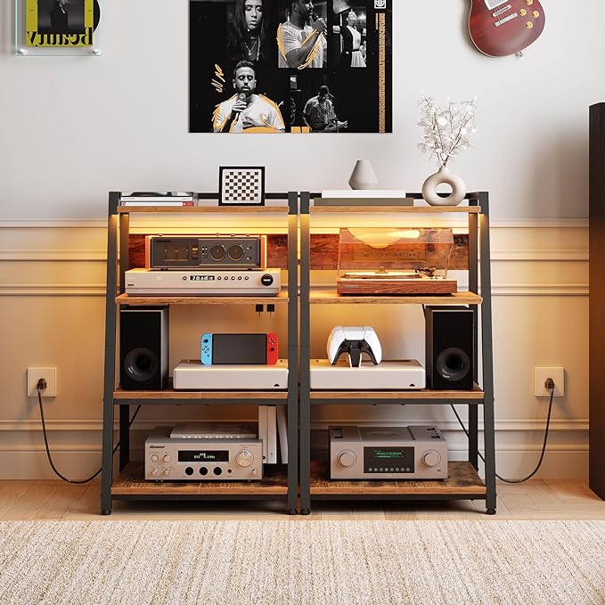 HOOBRO 4-Tier AV Media Stand with Charging Station and LED Light, Wooden Stereo Cabinet, Audio Tower Rack, Corner TV Stand, Record Player, Entertainment Device, Rustic Brown and Black BF106UDCJ01