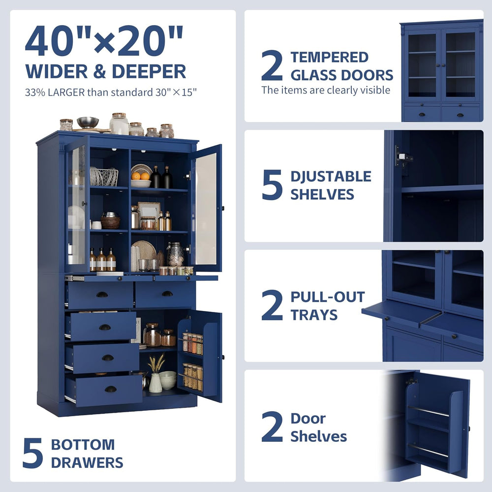 Tall Kitchen Pantry Cabinet with Glass Doors, Display Cabinet Coffee Bar Cabi...