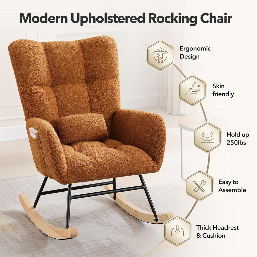 300lb Capacity Nursery Glider Rocker,Teddy Upholstered with Wood Legs for Living Room,Bedroom Nursery Includes Side Pockets