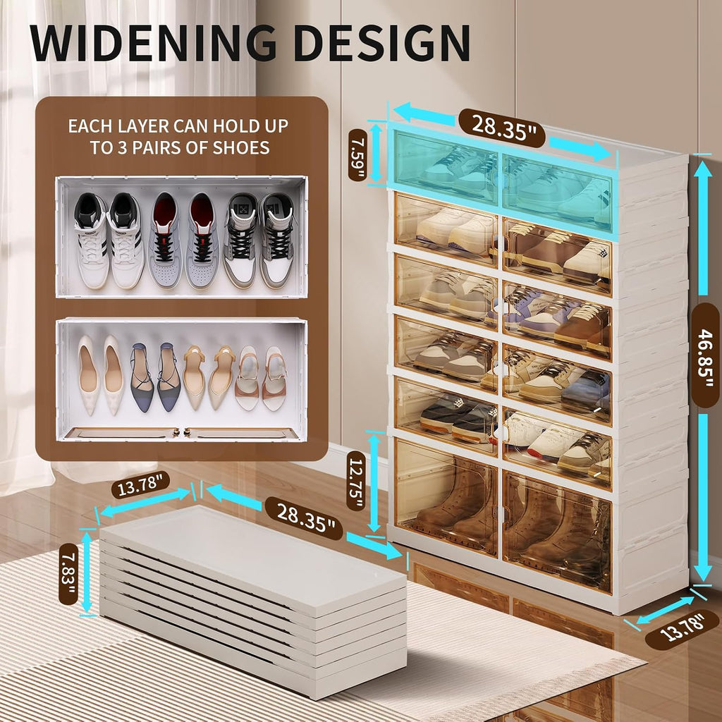 CIMLORD 6-Tier Foldable Shoe Rack Organizer with Wheels, 18 Pairs, White | Collapsible Large Plastic Shoe Cabinet, Fits Boots, Stackable, Clear Doors, Easy Assembly, Closet, Entryway, Living Room