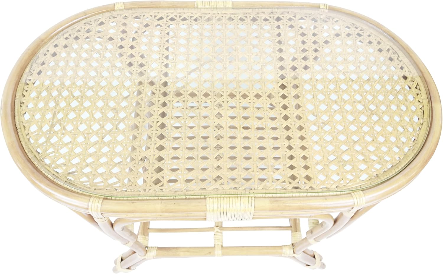 Pelangi Oval Coffee Table Natural Color with Glass Top Natural Rattan Wicker ECO Handmade Design