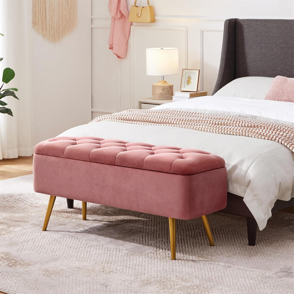 Yaheetech 43in Velvet Storage Ottoman Bench for Bedroom End of Bed, Pink | Bu...