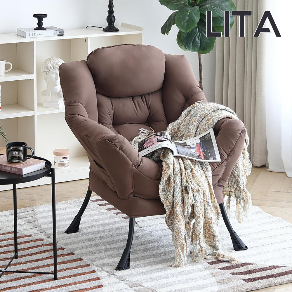 LITA Lazy Chair with Armrests and Side Pocket, Modern Upholstered Accent Read...