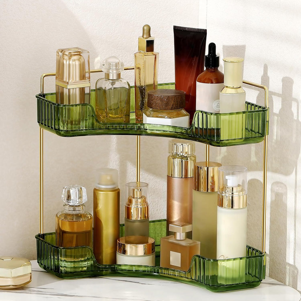 YCIA&DONE Corner Bathroom Counter Organizer, Makeup Organizer for Vanity, Skincare Cosmetic Perfume Tray, Corner Countertop Shelf Rack Storage for Bathroom Kitchen 2 Tiers (Vintage Green)