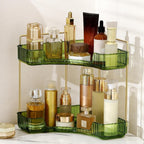 YCIA&DONE Corner Bathroom Counter Organizer, Makeup Organizer for Vanity, Skincare Cosmetic Perfume Tray, Corner Countertop Shelf Rack Storage for Bathroom Kitchen 2 Tiers (Vintage Green)