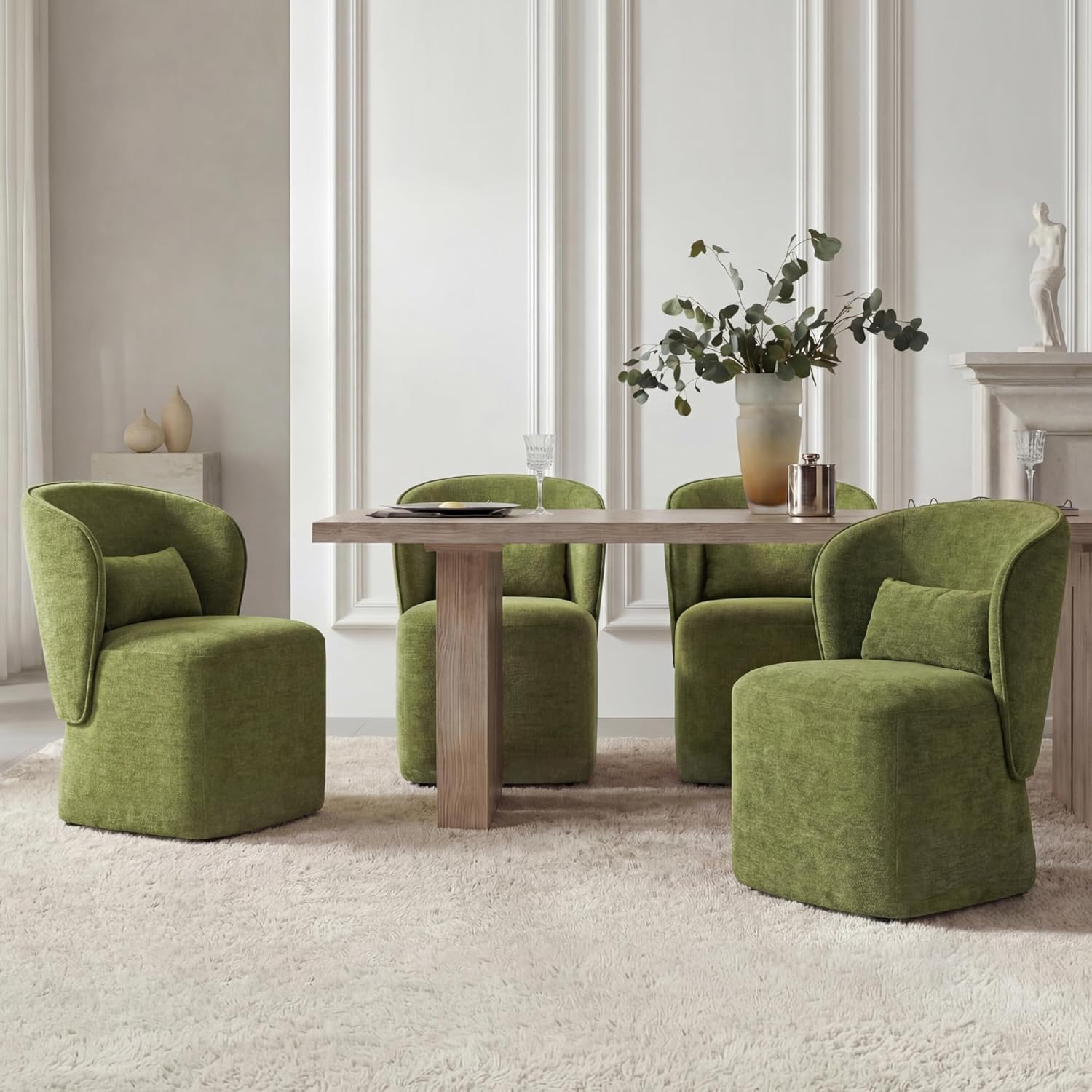 KISLOT Upholstered Dining Chairs with Wheels, Easy Assembly Stain Resistant Fabric Modern Barrel Armchair with Lumbar Cushion, Dining Room Chairs for Kitchen Living Room Bedroom, Green, Set of 2