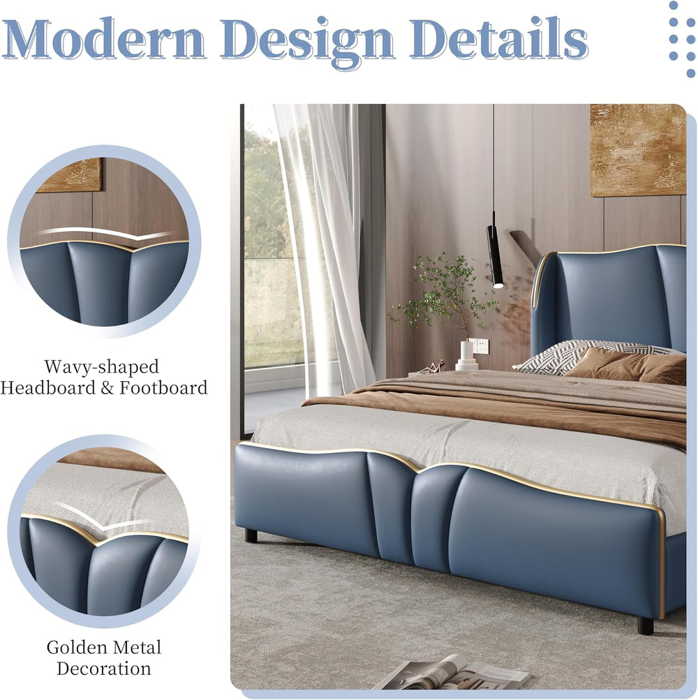 Queen Size Bed Frame with Wingback Headboard, Modern Faux Leather Upholstered...