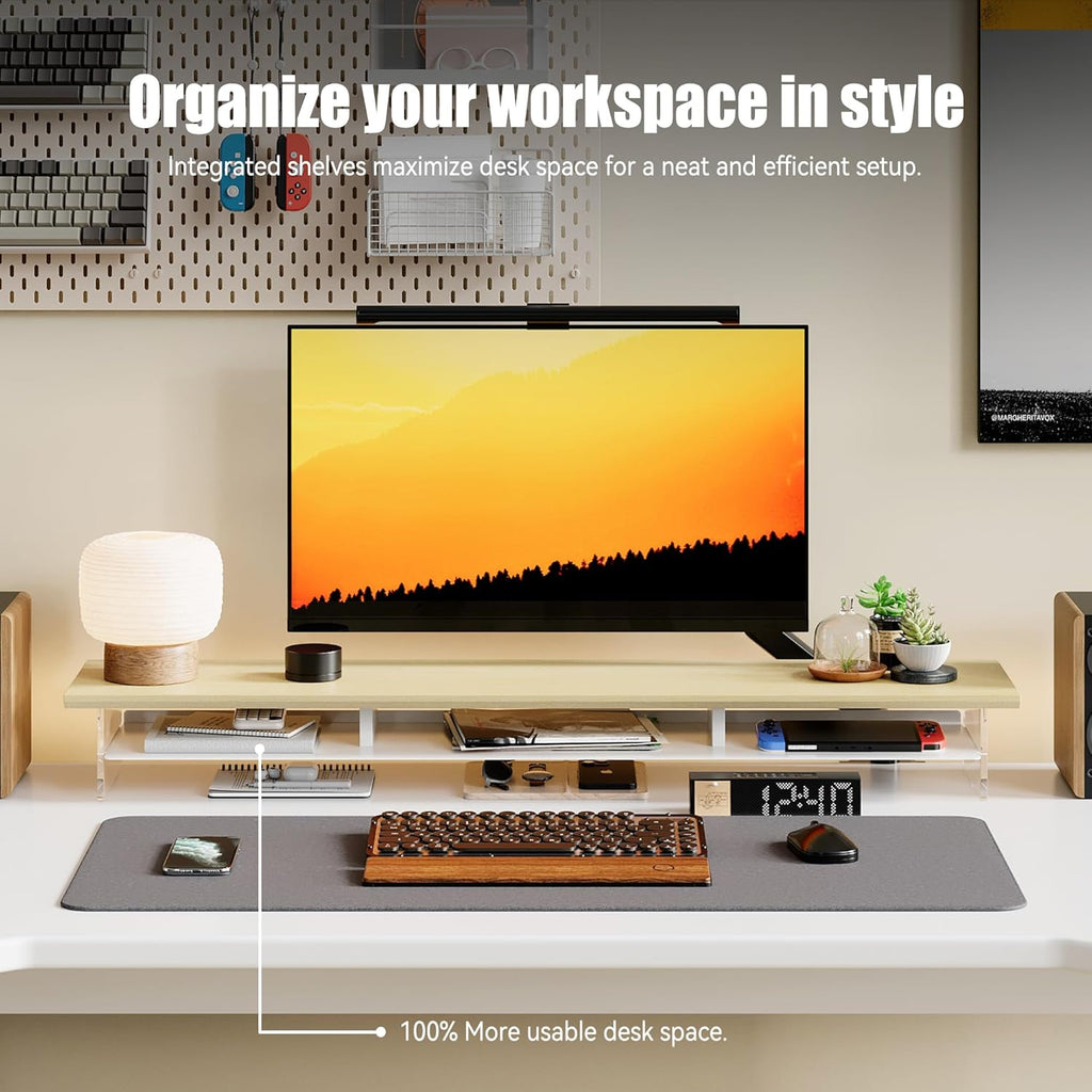 Dual‑Tier Monitor Stand for Modern Desk Setup – Minimalist Wooden and Metal Riser Shelf with Transparent Acrylic Feet for Dual Monitors, Laptops, Home Office Aesthetic，Beige and White
