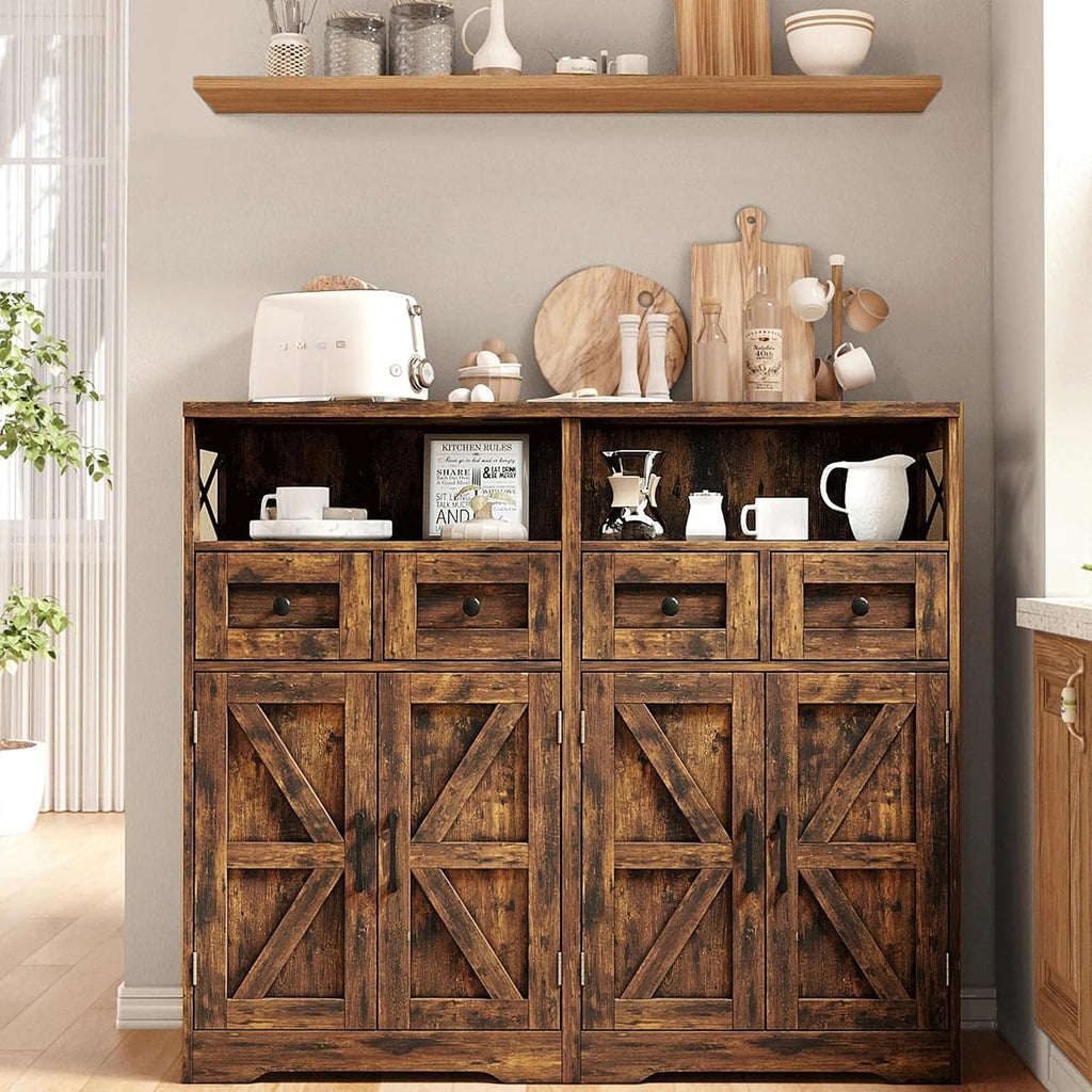 Farmhouse Storage Cabinet Set of 2, Small Kitchen Pantry Coffee Bar Cabinet | Accent Buffet Cabinet Cupboard, 2 Drawers, Barn Doors & Adjustable Shelves, for Kitchen/Entryway/Bathroom, Rustic Brown