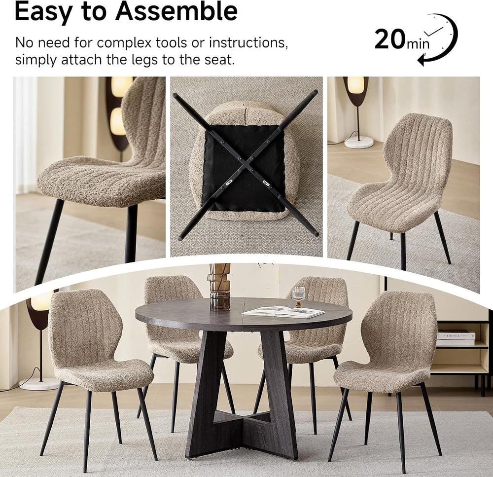 Modern Minimalist Dining Chairs Set of 4, Boucle Fabric, Brown | Thick High-D...