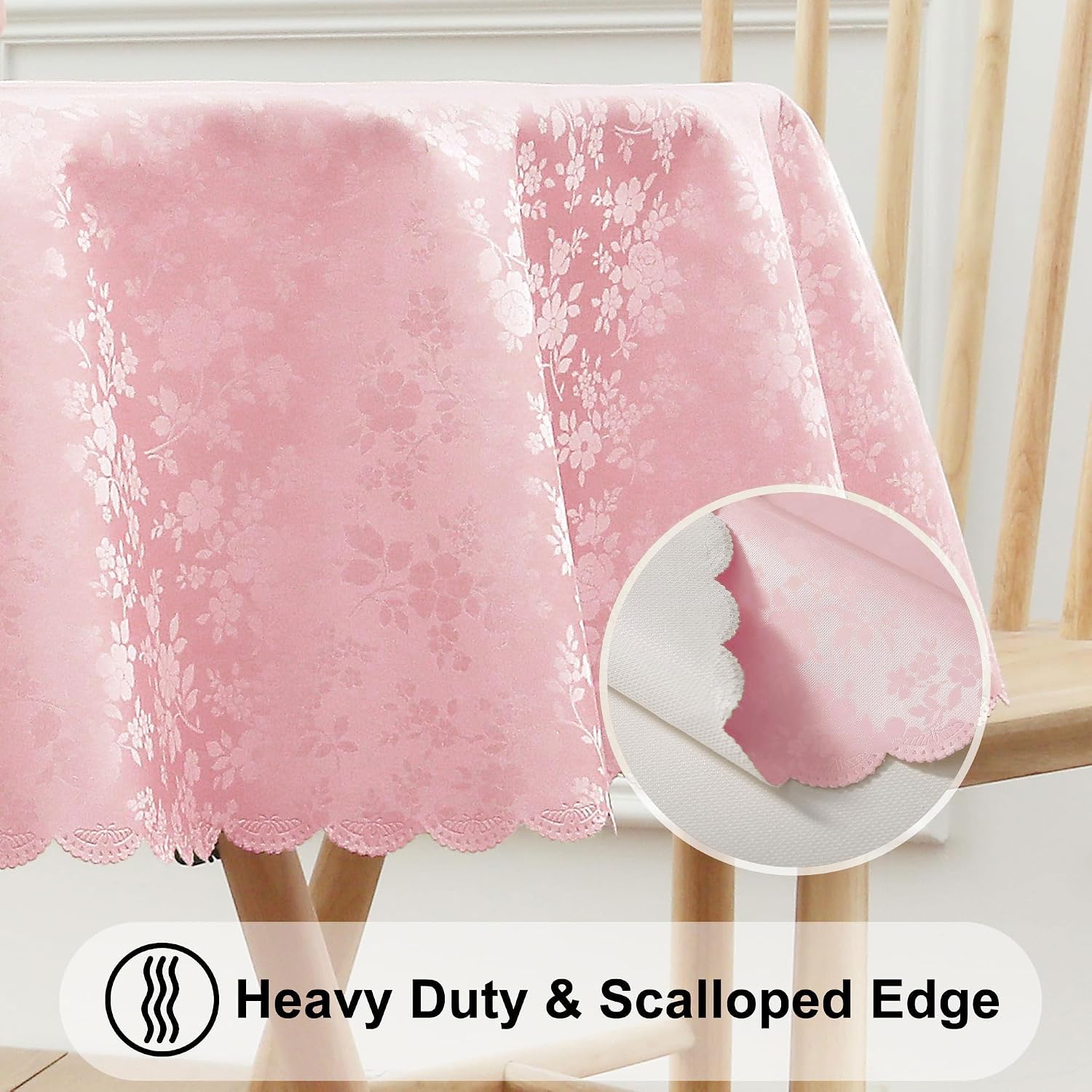 Smiry Round Waterproof Heavy Duty Vinyl Tablecloths, 60 x 60 Inch | Wipeable Washable Floral Embossed Table Cover for Kitchen and Dining Room, Indoor & Outdoor Use, Pink