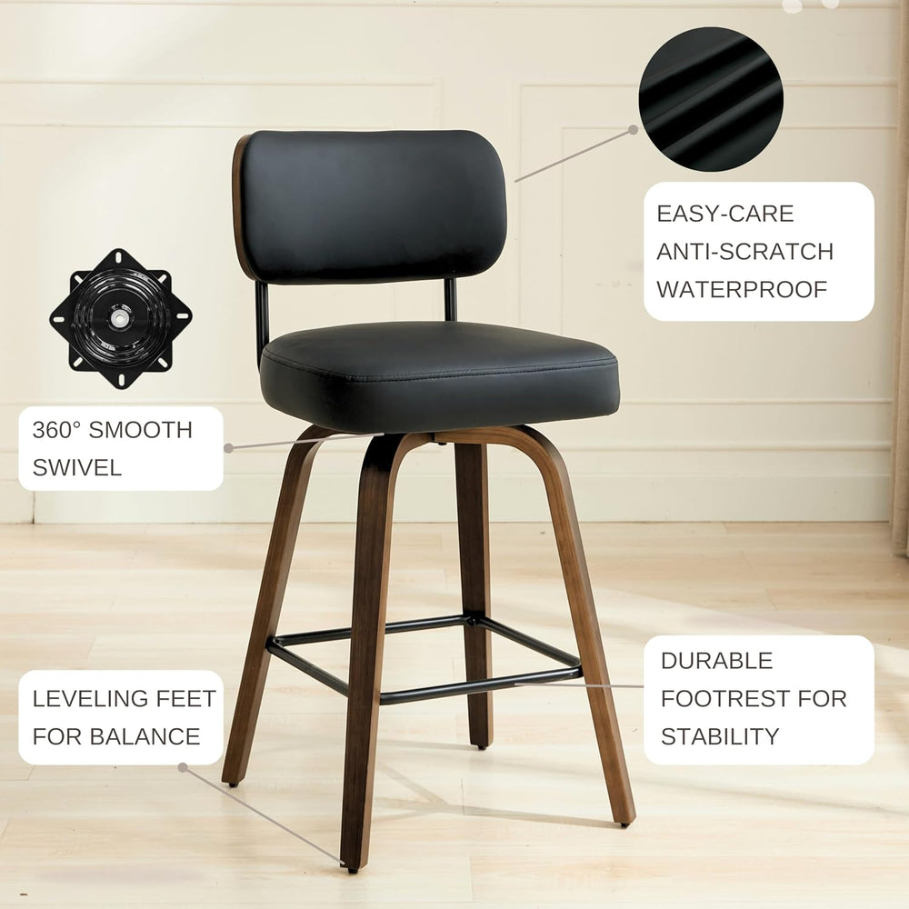 Swivel Bar Stools Set of 3, 26" Counter Height, Black | Walnut Wood Legs...