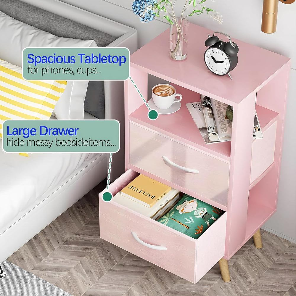 Aenuert Night Stand, Pink Nightstand with 2 Fabric Drawers, Wooden Side Table...