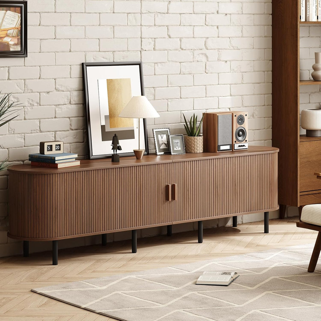 86.6" TV Stand with Power Outlet for TVs up to 90 Inch, Entertainment Center with Storage and Adjustable Shelves, Modern Media Console with Sliding Doors for Living Room, Walnut
