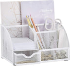 Exerz Desk Organizer 7 Compartments Metal Mesh Pen Holder Caddy White | Compact White Desktop Storage for Notes Clips Scissors Rulers Craft Tools Makeup Study and Home Use